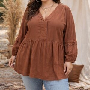 Reitmans Plus Size 100% Viscose Rust Brown V-Neck Peasant Tunic Top Boho